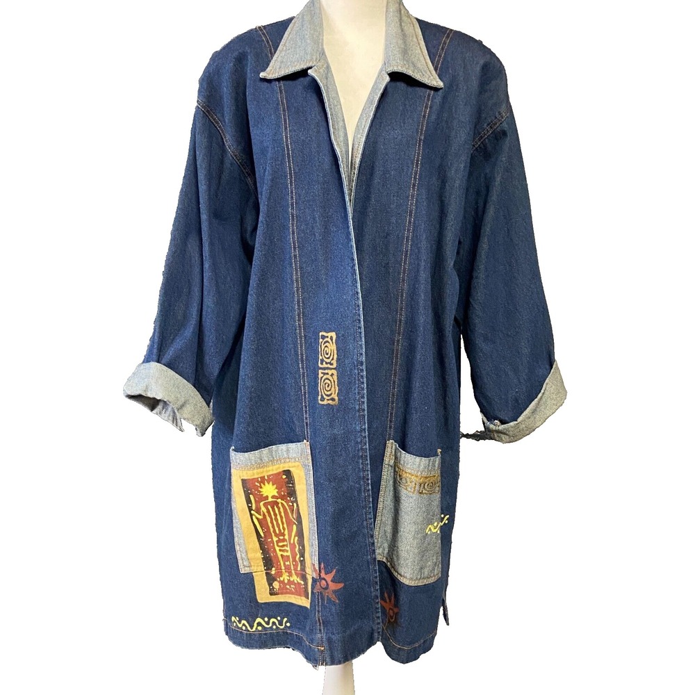 Rima Jacket Womens One Size Blue Denim Southwestern Art Print Patchwork Long‎